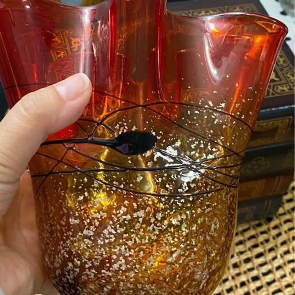Tangerine Red Flame Handkerchief Hand Blown Vase With Black Accents